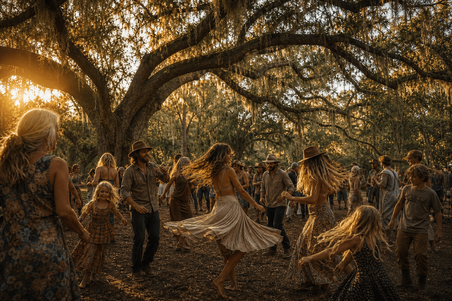 Neighbors of different ages dancing together beneath mature live oaks