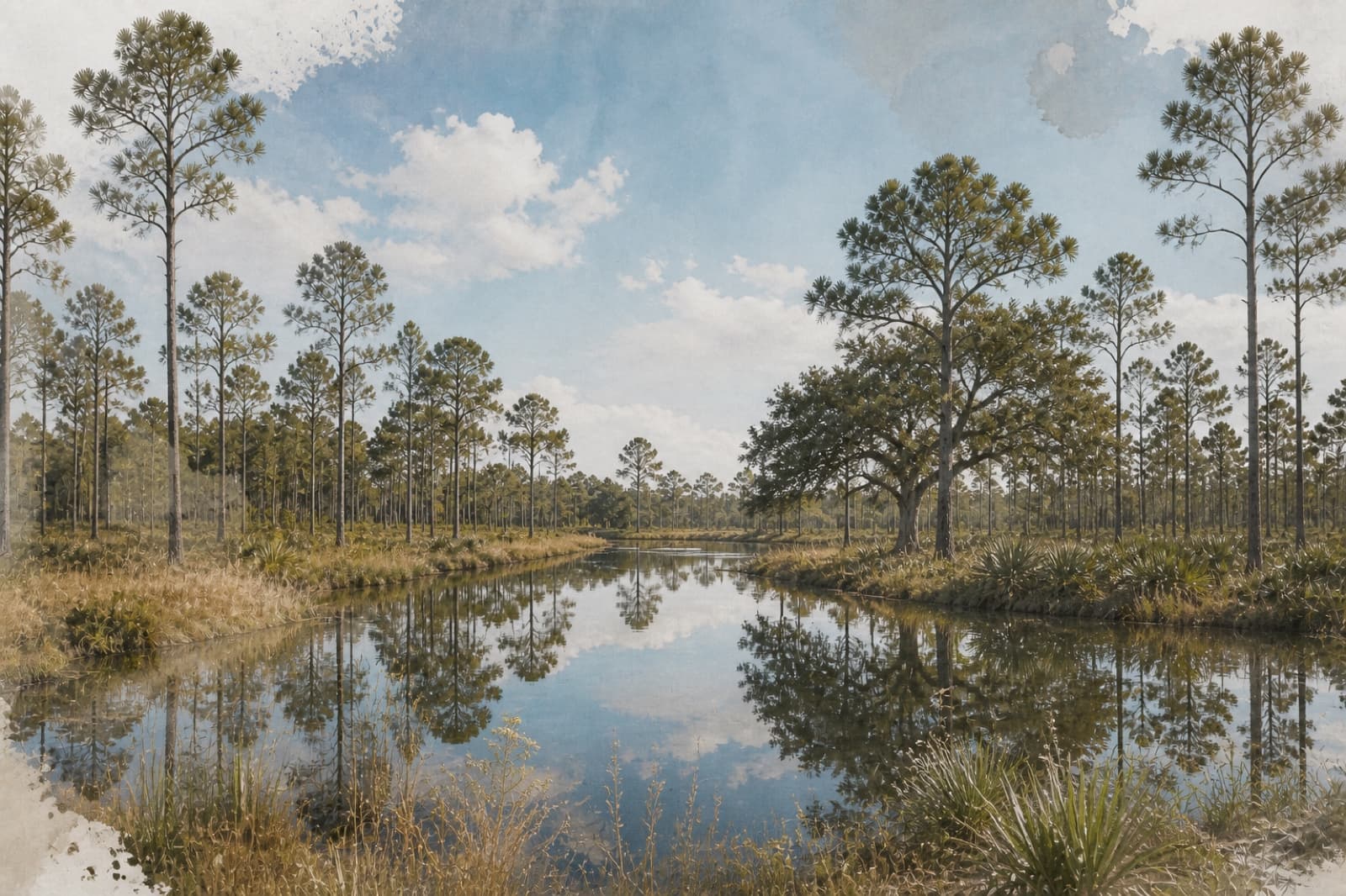 Still water reflecting the longleaf pines and native vegetation of the park