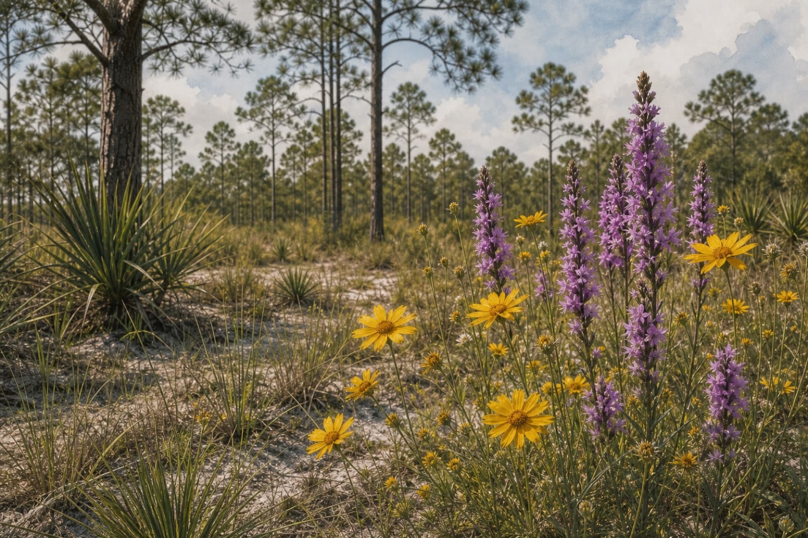 Native coreopsis and blazing star blooming across the Florida sandhill