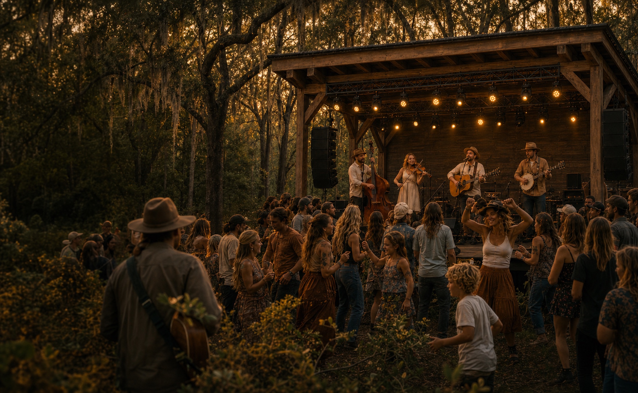 A folk band playing on a timber stage to a dancing crowd beneath enormous moss-draped live oaks at golden hour