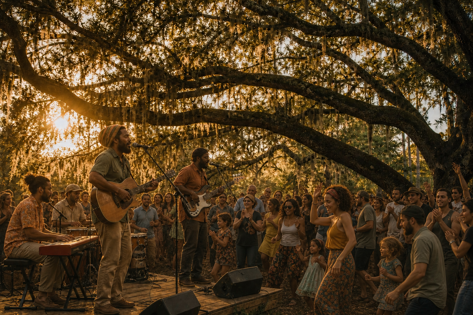 A roots-reggae ensemble playing for a smiling, dancing crowd beneath enormous live oaks at golden hour