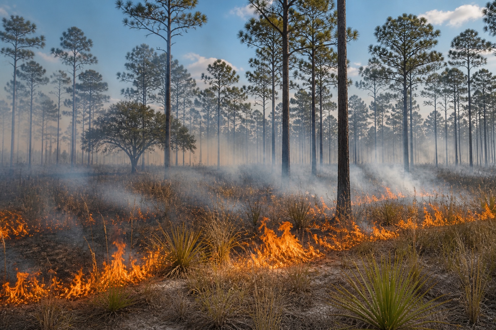 A low prescribed fire moving through longleaf pine