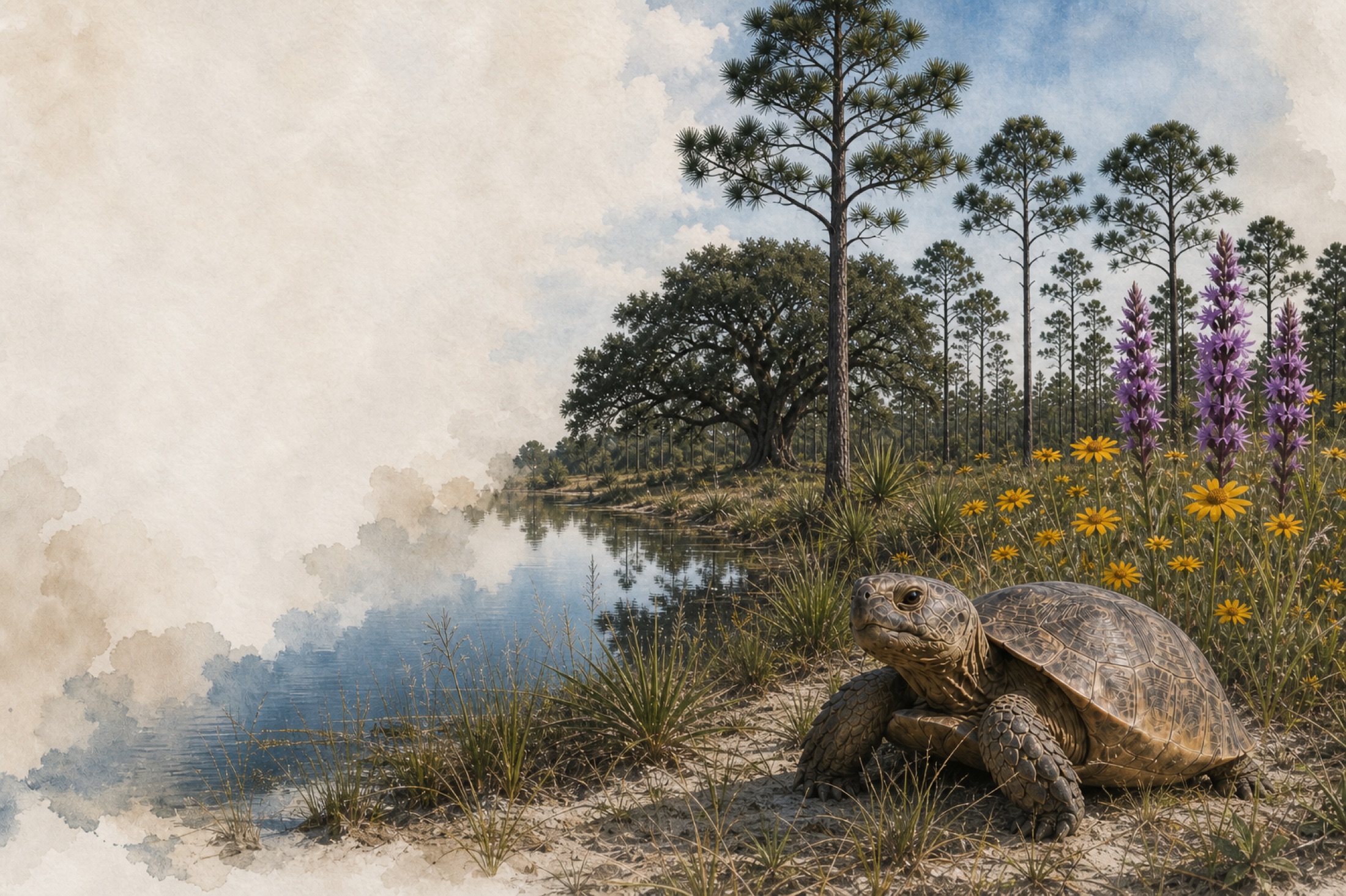 A Florida sandhill with a live oak, longleaf pines, pond, coreopsis, blazing star, and a gopher tortoise