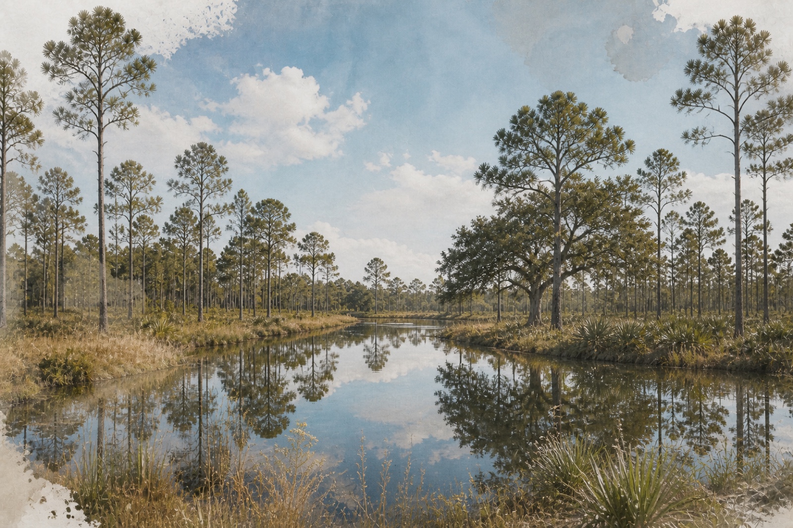 A still pond reflecting pines under a blue sky