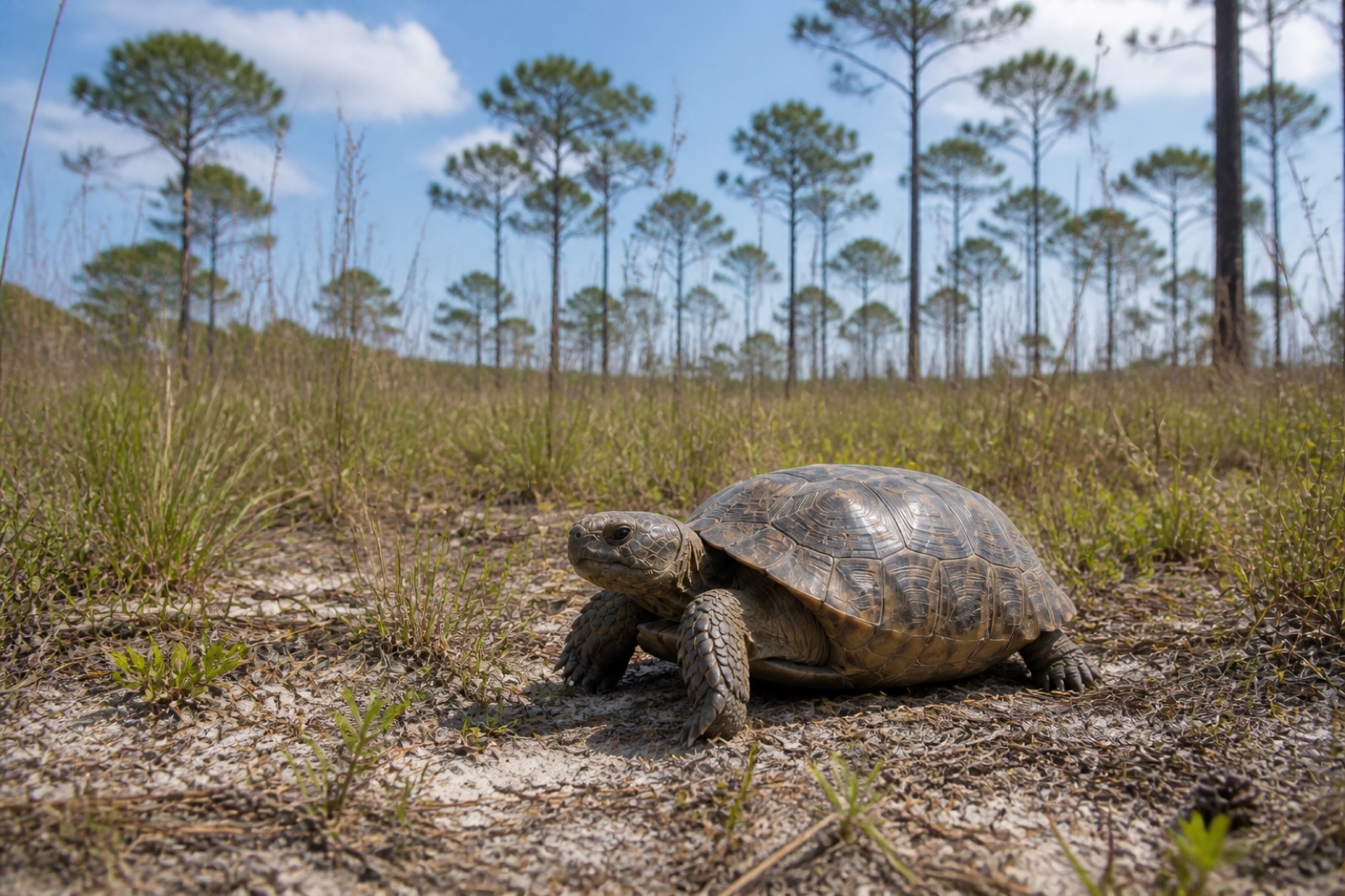A gopher tortoise on open sandy ground among wiregrass